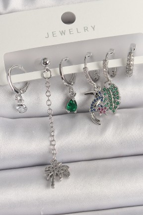 Pirinç Gümüş Renk Sallantı Zirkon Taşlı Ağaç Figür çoklu Kadın Küpe Seti Pirinç Gümüş Renk Sallantı Zirkon Taşlı Ağaç Figür çoklu Kadın Küpe Seti