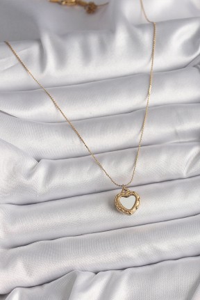 316l çelik Gold Renk Zincir Sedefli Kalp Model Kadın Kolye
