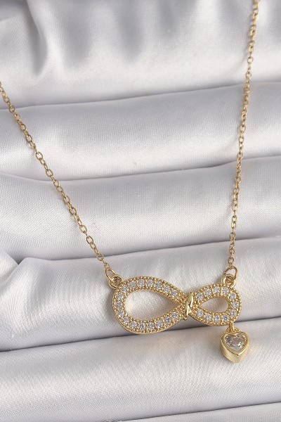 316l çelik Gold Renk Zincir Zirkon Taşlı Sonsuzluk Model Sallantı Taşlı Kalp Detay Kadın Kolye