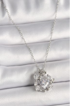 316l çelik Gümüş Renk Zincir Zirkon Taşlı Kalp Figür Gül Detay Kadın Kolye 316l çelik Gümüş Renk Zincir Zirkon Taşlı Kalp Figür Gül Detay Kadın Kolye