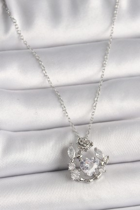 316l çelik Gümüş Renk Zincir Zirkon Taşlı Kalp Figür Gül Detay Kadın Kolye 316l çelik Gümüş Renk Zincir Zirkon Taşlı Kalp Figür Gül Detay Kadın Kolye