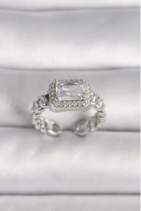 Pirinç Gümüş Renk Ayarlanabilir Zincir Kare Zirkon Taşlı Kadın Yüzük Pirinç Gümüş Renk Ayarlanabilir Zincir Kare Zirkon Taşlı Kadın Yüzük