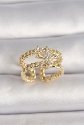 Pirinç Gold Renk 2'li Zincir Zirkon Taşlı Yıldız Figür Kadın Yüzük Pirinç Gold Renk 2'li Zincir Zirkon Taşlı Yıldız Figür Kadın Yüzük