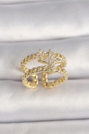 Pirinç Gold Renk 2'li Zincir Zirkon Taşlı Yıldız Figür Kadın Yüzük Pirinç Gold Renk 2'li Zincir Zirkon Taşlı Yıldız Figür Kadın Yüzük