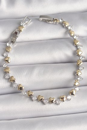 Pirinç Gümüş Renk Zirkon Taşlı Gold Kalpli Vip Seri Kadın Bileklik Pirinç Gümüş Renk Zirkon Taşlı Gold Kalpli Vip Seri Kadın Bileklik