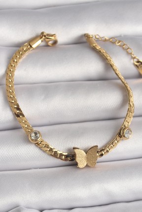 316l çelik Gold Renk Yassı Zincir Zirkon Taşlı Simli Kelebek Figür Kadın Bileklik 316l çelik Gold Renk Yassı Zincir Zirkon Taşlı Simli Kelebek Figür Kadın Bileklik