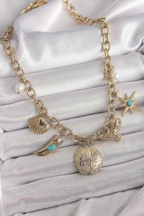 316l çelik Gold Renk Zincir Sallantılı çoklu Figür Model Kadın Kolye
