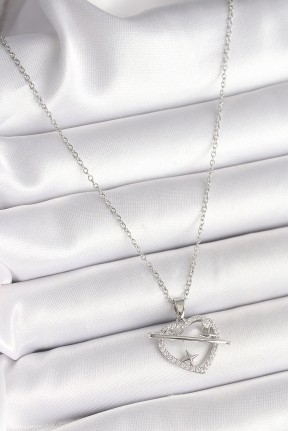 316l çelik Gümüş Renk Zincir Zirkon Taşlı Kalp Model Yıldız Detay Kadın Kolye 316l çelik Gümüş Renk Zincir Zirkon Taşlı Kalp Model Yıldız Detay Kadın Kolye