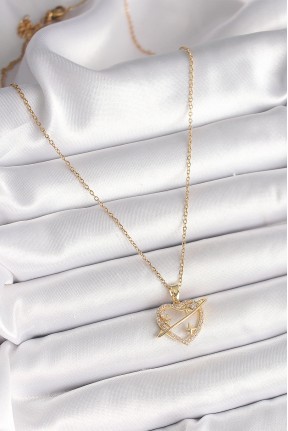 316l çelik Gold Renk Zincir Zirkon Taşlı Kalp Model Yıldız Detay Kadın Kolye