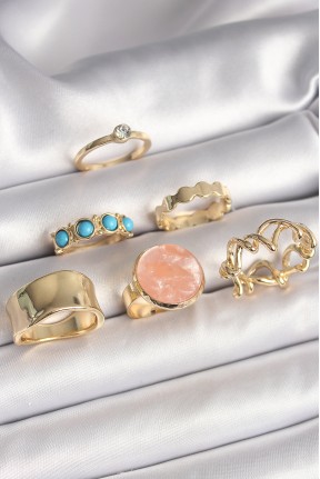 Pirinç Gold Renk Daire Pembe Mineli Zirkon Taş Detaylı 6'lı Kadın Yüzük Seti Pirinç Gold Renk Daire Pembe Mineli Zirkon Taş Detaylı 6'lı Kadın Yüzük Seti