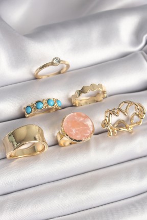 Pirinç Gold Renk Daire Pembe Mineli Zirkon Taş Detaylı 6'lı Kadın Yüzük Seti Pirinç Gold Renk Daire Pembe Mineli Zirkon Taş Detaylı 6'lı Kadın Yüzük Seti