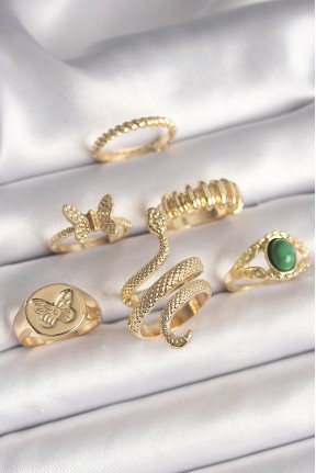 Pirinç Gold Renk İşlemeli Yılan Model Kelebek Detay 6'lı Kadın Yüzük Seti Pirinç Gold Renk İşlemeli Yılan Model Kelebek Detay 6'lı Kadın Yüzük Seti