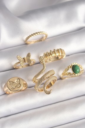 Pirinç Gold Renk İşlemeli Yılan Model Kelebek Detay 6'lı Kadın Yüzük Seti Pirinç Gold Renk İşlemeli Yılan Model Kelebek Detay 6'lı Kadın Yüzük Seti