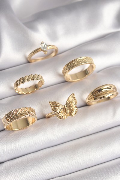 Pirinç Gold Renk Zirkon Taşlı İşleme Detaylı Kelebek Figürlü 6'lı Kadın Yüzük Seti