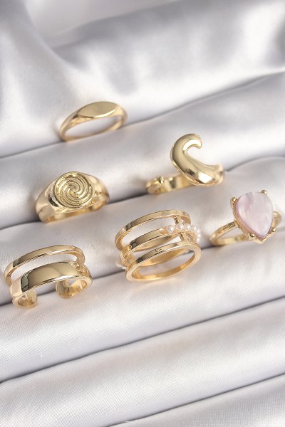 Pirinç Gold Renk Pembe Damla Mineli Sarmal İşleme Detaylı 6'lı Kadın Yüzük Seti