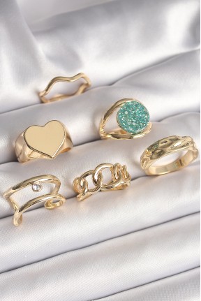 Pirinç Gold Renk Zirkon Taşlı Kalp Plaka Figür Mavi Simli Detay 6'lı Kadın Yüzük Seti Pirinç Gold Renk Zirkon Taşlı Kalp Plaka Figür Mavi Simli Detay 6'lı Kadın Yüzük Seti