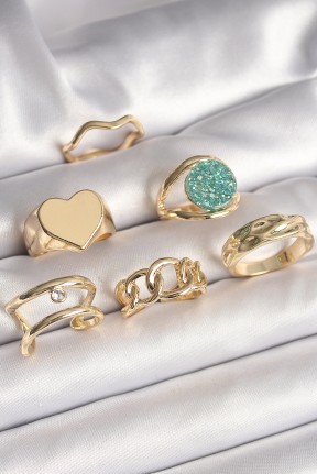 Pirinç Gold Renk Zirkon Taşlı Kalp Plaka Figür Mavi Simli Detay 6'lı Kadın Yüzük Seti Pirinç Gold Renk Zirkon Taşlı Kalp Plaka Figür Mavi Simli Detay 6'lı Kadın Yüzük Seti