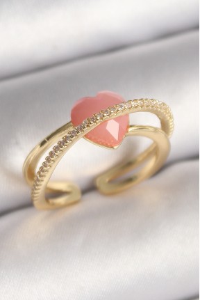 Pirinç Gold Renk Pembe Kristal Kalp Model Zirkon Taş Detaylı Kadın Yüzük Pirinç Gold Renk Pembe Kristal Kalp Model Zirkon Taş Detaylı Kadın Yüzük