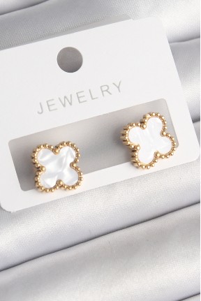 316l çelik Gold Renk Beyaz Minelik Yonca Model Kadın Küpe 316l çelik Gold Renk Beyaz Minelik Yonca Model Kadın Küpe