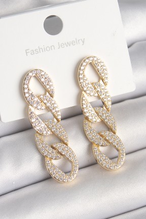 Pirinç Gold Renk Zirkon Taşlı Zincir Model Kadın Küpe Pirinç Gold Renk Zirkon Taşlı Zincir Model Kadın Küpe