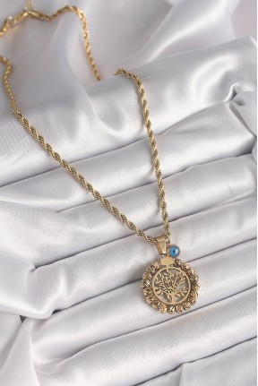 316l çelik Gold Renk Burgu Zincir Dorika Yaşam Ağacı Figür Nazar Boncuk Detay Kadın Kolye