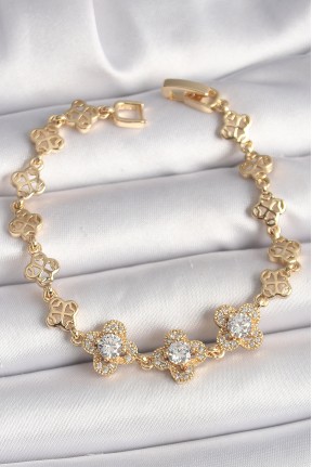 Pirinç Gold Renk Zirkon Taşlı Yonca Model Kadın Bileklik Pirinç Gold Renk Zirkon Taşlı Yonca Model Kadın Bileklik