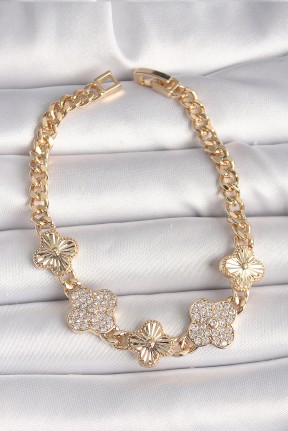 Pirinç Gold Renk Zirkon Taşlı Yonca Model Kadın Bileklik Pirinç Gold Renk Zirkon Taşlı Yonca Model Kadın Bileklik
