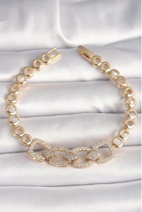 Pirinç Gold Renk Zirkon Taşlı Daire Zincir Model Kadın Bileklik Pirinç Gold Renk Zirkon Taşlı Daire Zincir Model Kadın Bileklik