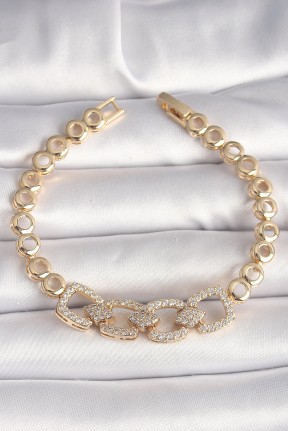 Pirinç Gold Renk Zirkon Taşlı Daire Zincir Model Kadın Bileklik Pirinç Gold Renk Zirkon Taşlı Daire Zincir Model Kadın Bileklik