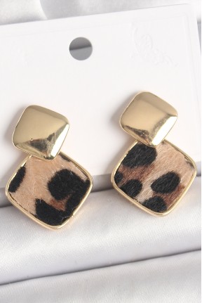 Pirinç Gold Renk Sallant Kare Leopar Desen Model Kadın Küpe Pirinç Gold Renk Sallant Kare Leopar Desen Model Kadın Küpe