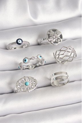 Pirinç Gümüş Renk Nazar Boncuk Zirkon Taş Detaylı Dalga Figür Kadın Yüzük Kombini Pirinç Gümüş Renk Nazar Boncuk Zirkon Taş Detaylı Dalga Figür Kadın Yüzük Kombini