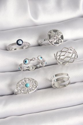 Pirinç Gümüş Renk Nazar Boncuk Zirkon Taş Detaylı Dalga Figür Kadın Yüzük Kombini Pirinç Gümüş Renk Nazar Boncuk Zirkon Taş Detaylı Dalga Figür Kadın Yüzük Kombini