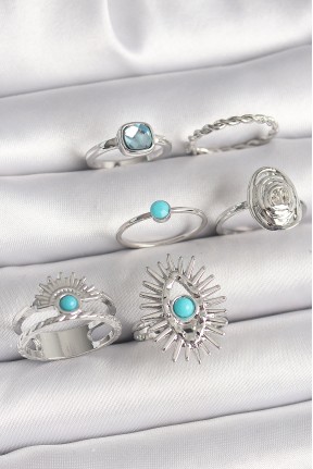 Pirinç Gümüş Renk Mavi Taşlı Kare Zirkon Taş Detaylı Kadın Yüzük Kombini Pirinç Gümüş Renk Mavi Taşlı Kare Zirkon Taş Detaylı Kadın Yüzük Kombini