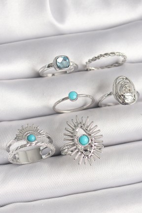 Pirinç Gümüş Renk Mavi Taşlı Kare Zirkon Taş Detaylı Kadın Yüzük Kombini Pirinç Gümüş Renk Mavi Taşlı Kare Zirkon Taş Detaylı Kadın Yüzük Kombini