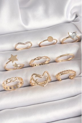 Pirinç Gold Renk Zirkon Taş Detaylı Kalp Yıldız Figür Kadın Yüzük Kombini Pirinç Gold Renk Zirkon Taş Detaylı Kalp Yıldız Figür Kadın Yüzük Kombini