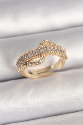 Pirinç Gold Renk Su Yolu Zirkon Taşlı Ayarlanabilir Model Kadın Yüzük