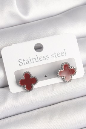 Pirinç Gümüş Renk Bordo Yonca Model Kadın Küpe Pirinç Gümüş Renk Bordo Yonca Model Kadın Küpe