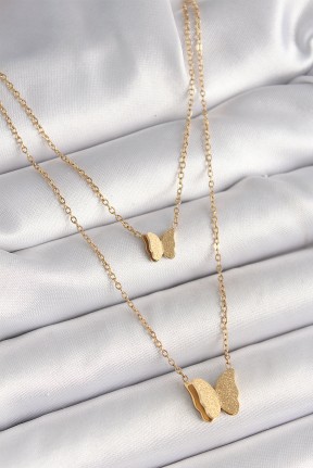 316l çelik Gold Renk 2'li Simli Kelebek Model Kadın Kolye 316l çelik Gold Renk 2'li Simli Kelebek Model Kadın Kolye