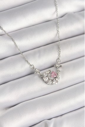 316l çelik Gümüş Renk Zirkon Taşlı Hilal Pembe Kalp Model Kadın Kolye 316l çelik Gümüş Renk Zirkon Taşlı Hilal Pembe Kalp Model Kadın Kolye