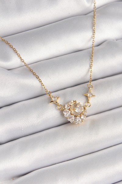 316l çelik Gold Renk Zirkon Taşlı Hilal Kalp Model Kadın Kolye