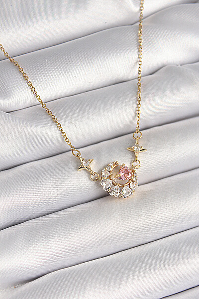 316l çelik Gold Renk Zirkon Taşlı Hilal Pembe Kalp Model Kadın Kolye