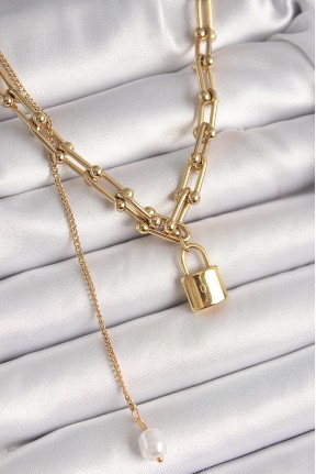 316l çelik Gold Renk Tifany Zincir Model Kilit Figür Sallantı İnci Detay Kadın Kolye 316l çelik Gold Renk Tifany Zincir Model Kilit Figür Sallantı İnci Detay Kadın Kolye