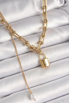316l çelik Gold Renk Tifany Zincir Model Kilit Figür Sallantı İnci Detay Kadın Kolye 316l çelik Gold Renk Tifany Zincir Model Kilit Figür Sallantı İnci Detay Kadın Kolye