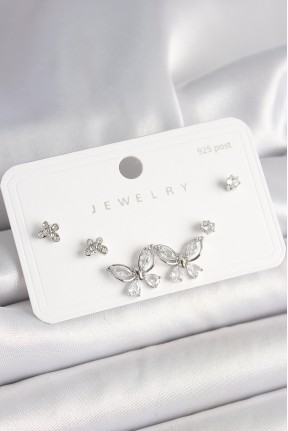 925 Ayar Gümüş çivi Pirinç Gümüş Renk Zirkon Taşlı Kelebek Model Kadın Küpe Seti 925 Ayar Gümüş çivi Pirinç Gümüş Renk Zirkon Taşlı Kelebek Model Kadın Küpe Seti