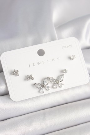 925 Ayar Gümüş çivi Pirinç Gümüş Renk Zirkon Taşlı Kelebek Model Kadın Küpe Seti 925 Ayar Gümüş çivi Pirinç Gümüş Renk Zirkon Taşlı Kelebek Model Kadın Küpe Seti