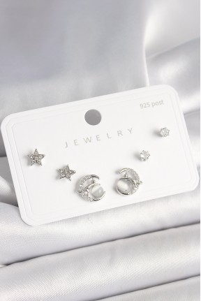 925 Ayar Gümüş çivi Zirkon Taşlı Hilal Yıldız Model Kadın Küpe Seti 925 Ayar Gümüş çivi Zirkon Taşlı Hilal Yıldız Model Kadın Küpe Seti