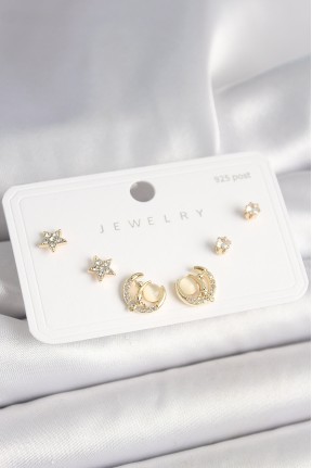 925 Ayar Gümüş çivi Zirkon Taşlı Hilal Yıldız Model Kadın Küpe Seti 925 Ayar Gümüş çivi Zirkon Taşlı Hilal Yıldız Model Kadın Küpe Seti