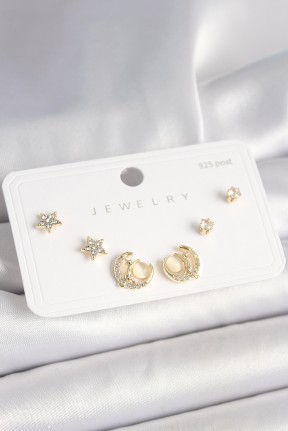 925 Ayar Gümüş çivi Zirkon Taşlı Hilal Yıldız Model Kadın Küpe Seti 925 Ayar Gümüş çivi Zirkon Taşlı Hilal Yıldız Model Kadın Küpe Seti