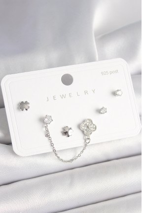 925 Ayar Gümüş çivi Pirinç Gümüş Renk Zirkon Taşlı Yonca Model Sallantı Zincir Detay Kadın Küpe Seti 925 Ayar Gümüş çivi Pirinç Gümüş Renk Zirkon Taşlı Yonca Model Sallantı Zincir Detay Kadın Küpe Seti