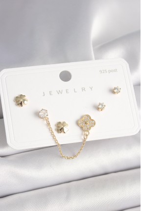 925 Ayar Gümüş çivi Pirinç Gold Renk Zirkon Taşlı Yonca Model Sallantı Zincir Detay Kadın Küpe Seti 925 Ayar Gümüş çivi Pirinç Gold Renk Zirkon Taşlı Yonca Model Sallantı Zincir Detay Kadın Küpe Seti